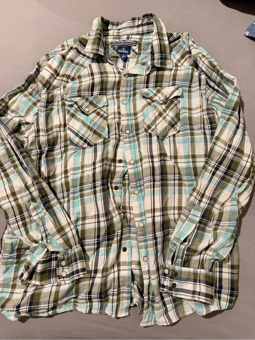 Old Navy Men's Plaid Button-Up Shirt in Light Blue, Olive, Cream